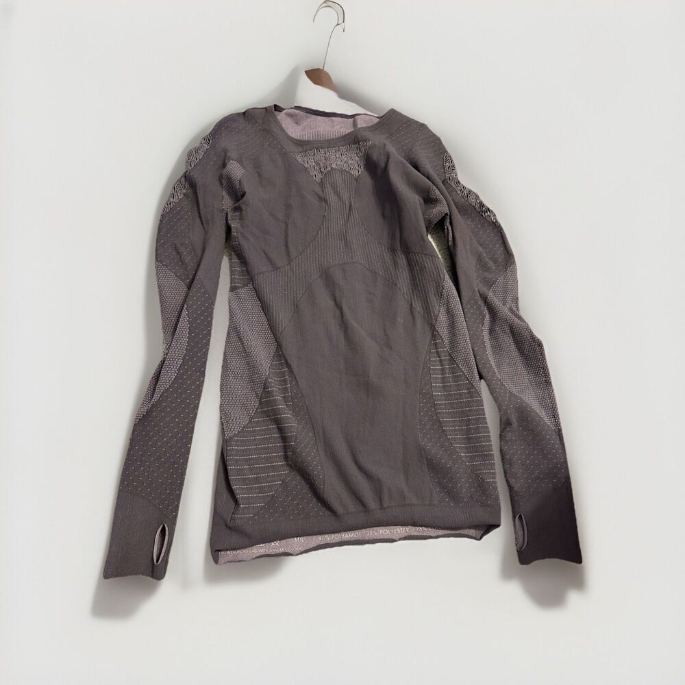 Sweaty Betty Grey Purple M/L Long Sleeve Seamless Crochet Top Gym Pullover